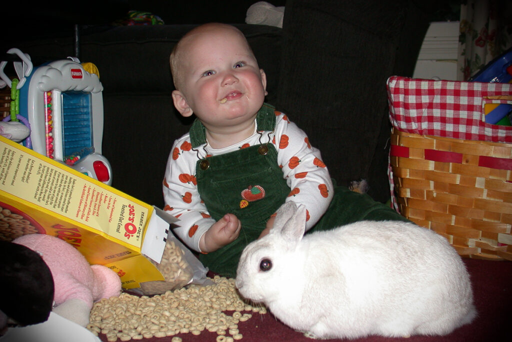 rabbits and children on floor with snacks