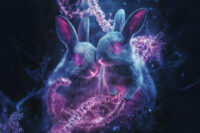 Digital artwork of two glowing rabbits with neon eyes